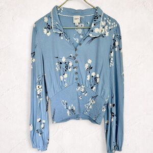 Maeve Anthropologie Blue Floral Smocked Waist Cotton Top M